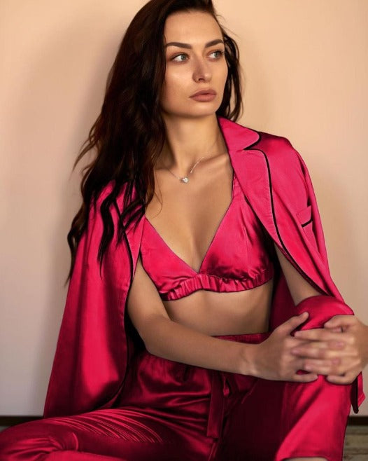 Set dama, Pijama satin 3 piese, Rosu