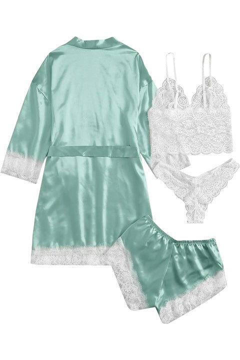 Set Pijamale Sexy, 4 piese, Satin Verde menta si Dantela alba